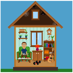 A person is sitting at home in a cozy room. Vector illustration on the theme of home entertainment. Stay home.