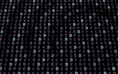 Bitcoin and currency on a dark background. Digital crypto symbol. Currency bubble, wave effect, market fluctuations. Business concept. 3D illustration