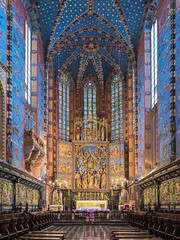 Krakow, Poland. Choir and apse of St. Mary's Basilica with Veit Stoss altarpiece. The altarpiece was carved between 1477 and 1484 by the German sculptor Veit Stoss (known in Polish as Wit Stwosz).