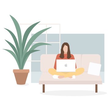 Flat illustration: a freelancer girl on the sofa working on a laptop