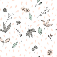 Floral vector seamless pattern with  flowers, leaves and berries. Beautiful hand drawn flowers in  light pastel colors in vintage style.