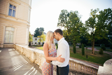 Romantic tourist couple walking around the city relaxing