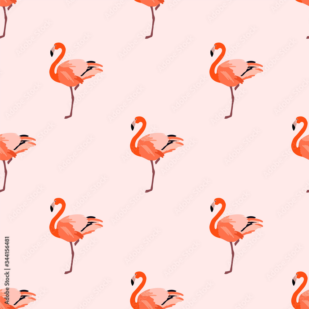 Poster minimalistic seamless pattern with bright flamingos. decorative background with exotic bird