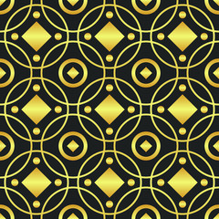 Abstract geometric gold seamless pattern on a black background. Golden geometric illustration.