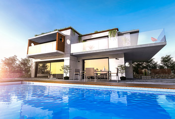 Projet de maison 3D d'architecte moderne et contemporaine avec une magnifique piscine