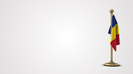 Romania realistic 3D flag illustration on golden flagpole.