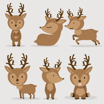 Cute Deers in flat style set