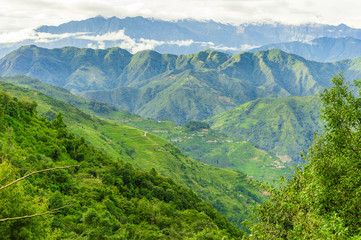 Naklejka premium Landscape with rural village in Sindhupalchok Nepal