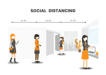 Public female toilet, women wear protective face masks, practice social (Physical) distancing by keep distance away from other and washing hand to prevent infection. COVID-19 outbreak prevention.