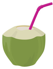 Coconut cocktail with straw. Juicy fruit in cartoon style.
