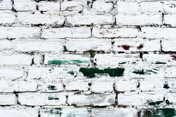Background of an old, dirty, white brick wall with peeling plaster, painted walls, texture