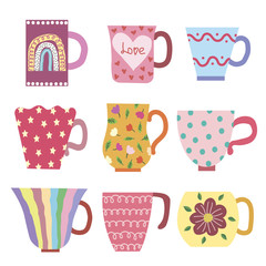 Vector collection of bright vintage mugs. Drawn by hands with a naive Scandinavian style. Pastel colors, pink, blue, gray. For design of surfaces, prints, wrapping paper, fabric