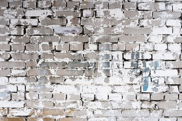 Background of an old, dirty, white brick wall with peeling plaster, painted walls, texture