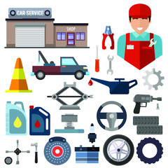 Car repair service icons set. Garage building, evacuator and jack-screw, canister with gasoline, steering wheel, tyre and wheels, oil and fixing gear, batterie and pliers, auto mechanic, screw vector