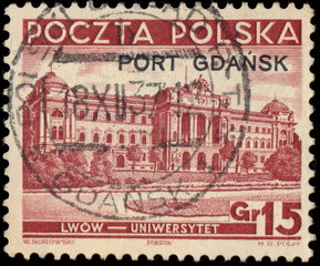 Kasownik Poczty Polskiej w Gdańsku (odbity 1937) na znaczku z nadrukiem "PORT GDAŃSK".