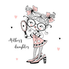 A lovely sweet girl in her mother's shoes looks in the mirror. Vector