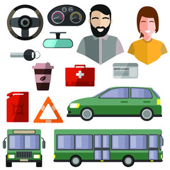 driver, isolated icons on white background. bus, steering wheel, speedometer, car, driver's license, first-aid kit, canister, key