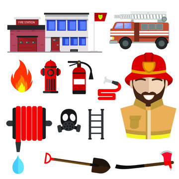 Firefighting icons set vector. Fireghfighter and extinguishing tools. Spade and extinguisher, axe and hydrant hose, protective mask, hammer, ladder, fire station building. Fireman profession symbols