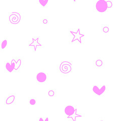 Seamless pattern of simple vector outline bright pink elements stars hearts points circles rounds rings spirals helixes on white background. For greeting cards, wrapping paper, birthday, fabric, web