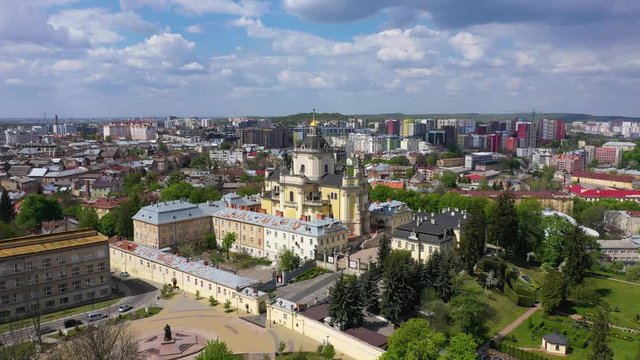 Aerial view on St. George's Cathedral in Lviv, Ukraine from drone