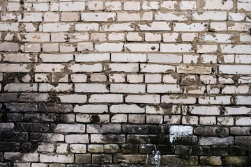 Background of an old, dirty, white brick wall with peeling plaster, painted walls, texture