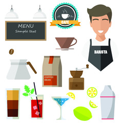 bartender, isolated icons on white background. cafe, coffee grinder, cocktail, lemon, menu, cup, tag