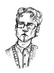 hand drawn sketch portrait of young intelligent man in glasses isolated on white
