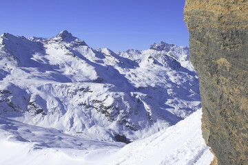 Bivio, Skitour Roccabella, Blick vom Gipfelfels auf Piz Platta und Piz Forbesch.