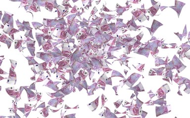 Flying euro banknotes isolated on a white background. Money is flying in the air. 500 EURO in color. 3D illustration