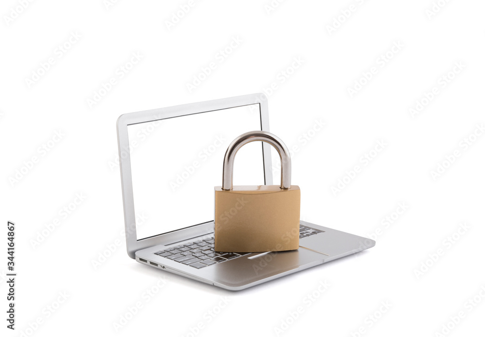 Poster computer security concept. padlock on laptop isolated on white with clipping path