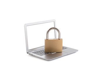 Computer security concept. Padlock on laptop isolated on white with clipping path