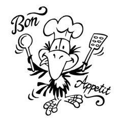 Raven chef with hat and wooden spoon wishes good taste, text Bon Appetit, crow mascot black and white cartoon
