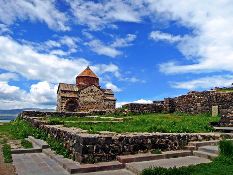 Panoramic view onto Surp Arakelots church after the rain. Built in 874 AD in very traditional Armenian style. Monastery complex is one of most attractive tourist places near Yerevan, Armenia