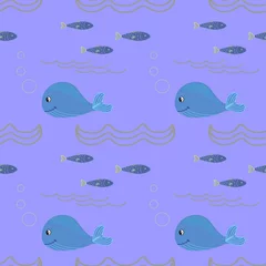 Fotobehang Whales seamless pattern. Background on the sea theme © Ксения Белимова
