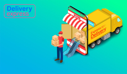 Delivery Express by Parcel Delivery Person with truck on mobile application. Online Food Order and Package in E-commerce by Website. isometric flat design. Vector illustration