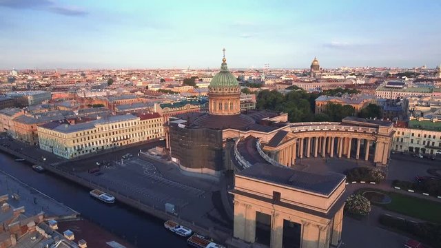 Aerial video of central St. Petersburg, Russia: Nevsky Prospect, House of the Book, Kazan Cathedral