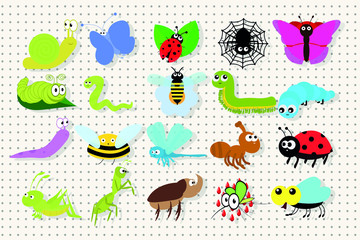 Insect icon set on an abstract background. Kawaii. Icons are isolated from each other. Vector