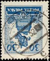 Kazimierz Dolny. Datownik / kasownik pocztowy (1932) odbity na znaczku z pomnikiem Jana III Sobieskiego.