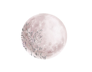 Watercolor pink full moon phase isolated on white background. Watercolor hand drawn earth satellite moon. Magic abstract illustration. Pink floral planet ball