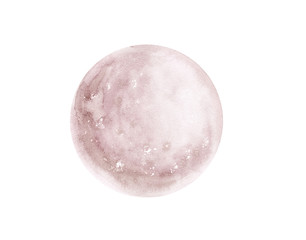 Watercolor pink full moon phase isolated on white background. Watercolor hand drawn earth satellite moon. Magic abstract illustration. Pink planet ball