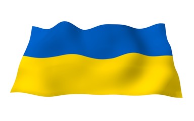 The flag of Ukraine on a white background. National flag and state ensign. Blue and yellow bicolour. 3D illustration waving flag