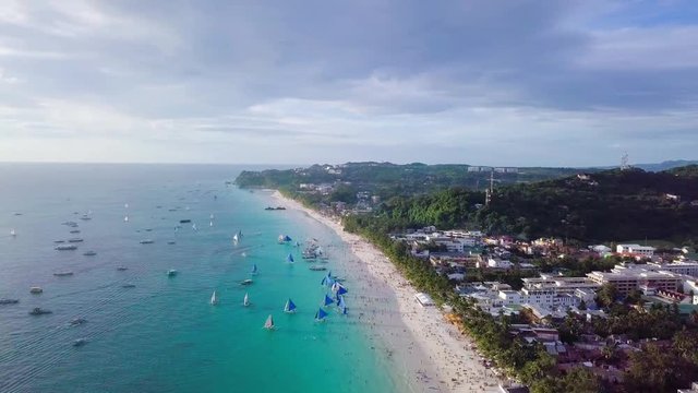 Boracay Island, Philippines Aerial Landscape with Sailboats and Yachts on Crystal Clear Blue Sea, to be a Tropical Paradise for Holiday Trip in Southeast Asia,
