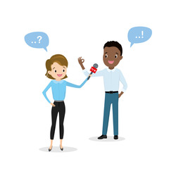 Caucasian female reporter interviewing african american businessman,c