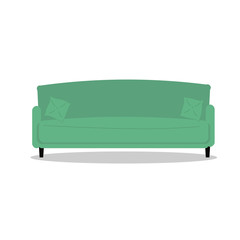 Green sofa with pillows. Drawn in flat style. Vector stock illustration isolated on a white background. To create a design, interior design concepts