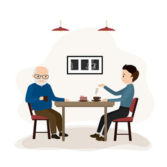 Two people sitting in a cafe and talking,coffee break. Restaurant or coffee shop interior
