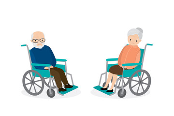 Two sad old people on wheelchair,unhappy characters isolated