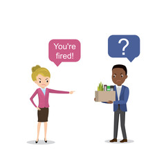 Sad caucasian woman boss and afican american employee,businesswoman dismisses employee