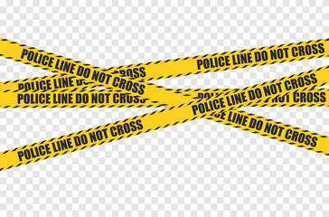 Vector crossed black and yellow police stripe border. Set of danger caution seamless tapes. Art design crime line for restriction and dangerous zones.