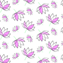 
Pattern of pink lotuses. Black outline.