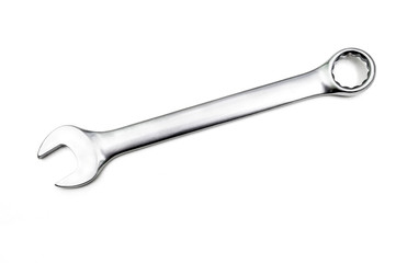 One chrome-plated spanner. Isolated on a white background.